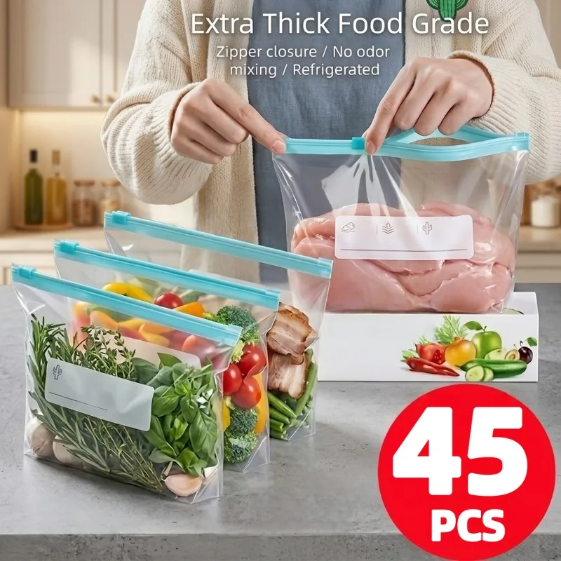 45pcs Reusable Refrigerator Fresh Bag Set Kitchen Essential Sealed Bags 3 Sizes of Bags Zipper Food Preservation Sealed Bags
