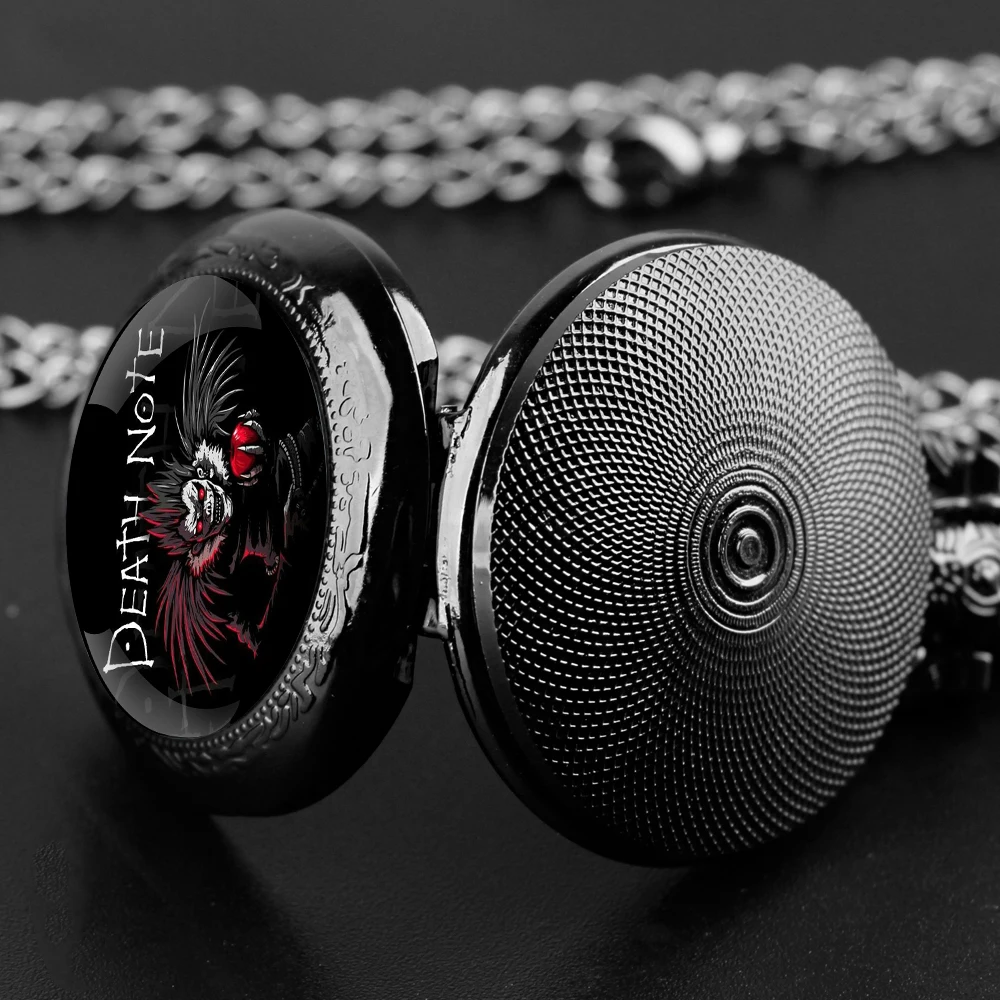 Orologio da tasca al quarzo nero con cupola in vetro Death Note con quadrante con numeri arabi e catena resistente, regalo retrò per uomini e donne