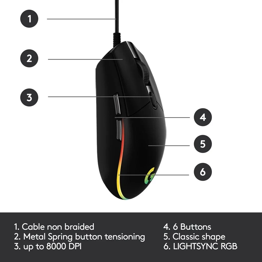 ماوس الألعاب Logitech G102 Prodigy 8000 نقطة في البوصة، 6 أزرار، معدل تقرير 1 مللي ثانية، إضاءة RGB لـ eSports FPS MOBA، كمبيوتر ألعاب الكمبيوتر