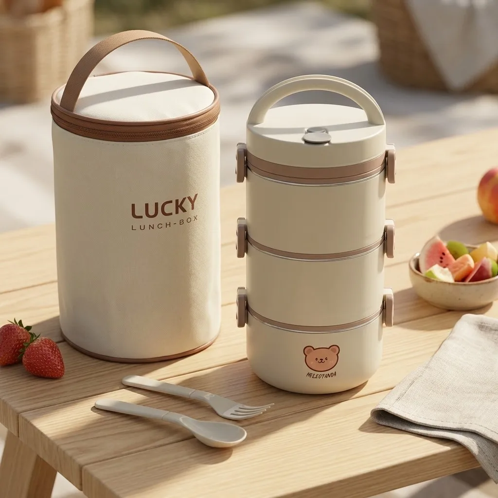 Microwavable 304 Stainless Steel Bento Lunch Box Thermal Food Storage Container 2/3 Tier Portable Leakproof with Spoon for Kids