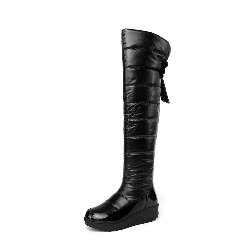 Lasyarrow Winter Warm Over the Knee Snow Boots Women Thick Cotton Padded Down Waterproof Shoes Bow Patchwork Wedge Long Boot