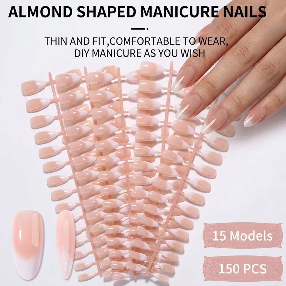 150Pcs Removable Full Cover Acrylic Fake Nails With Nail File Almond Gradient Nude Press On Nails For Women Daily Party Manicure
