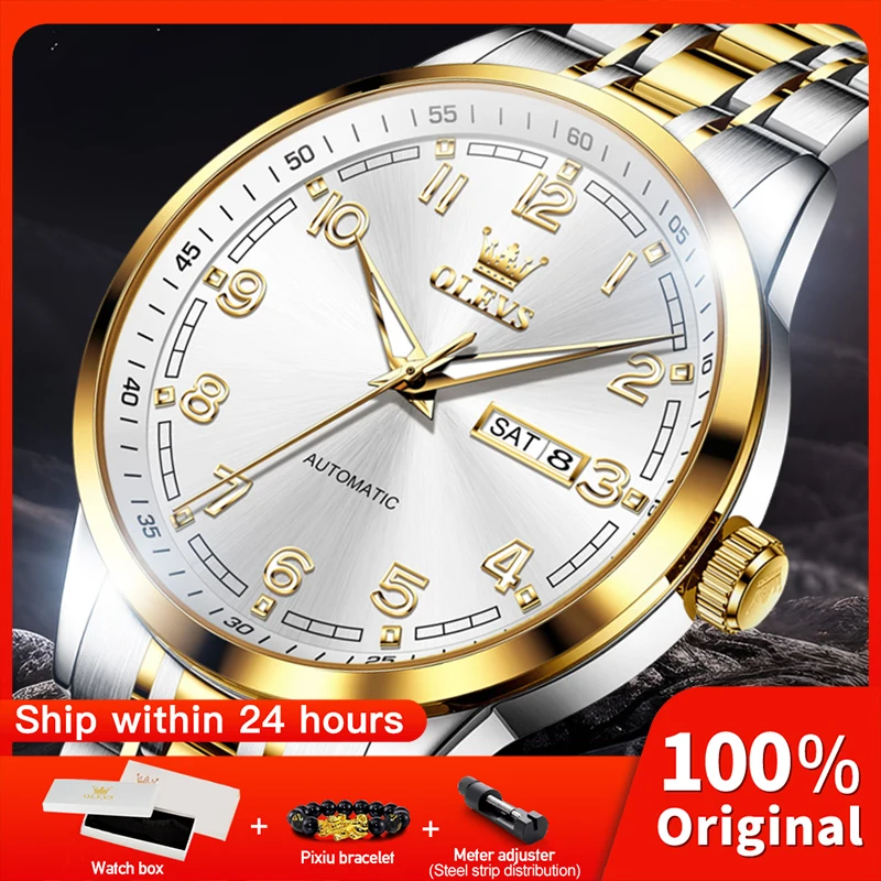 OLEVS 7077 Luxury Original Casual Fashion Mens Watch Automatic Mechanical Watches Waterproof Luminous Day Date Watch Box Reloj