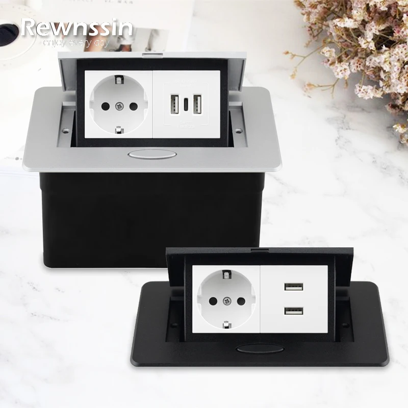 Universal Double Desktop Socket EU Power Outlet 2.1A USB & Fast Charge,Hidden Countertop Pop-up Aluminum Alloy Table Box Socket