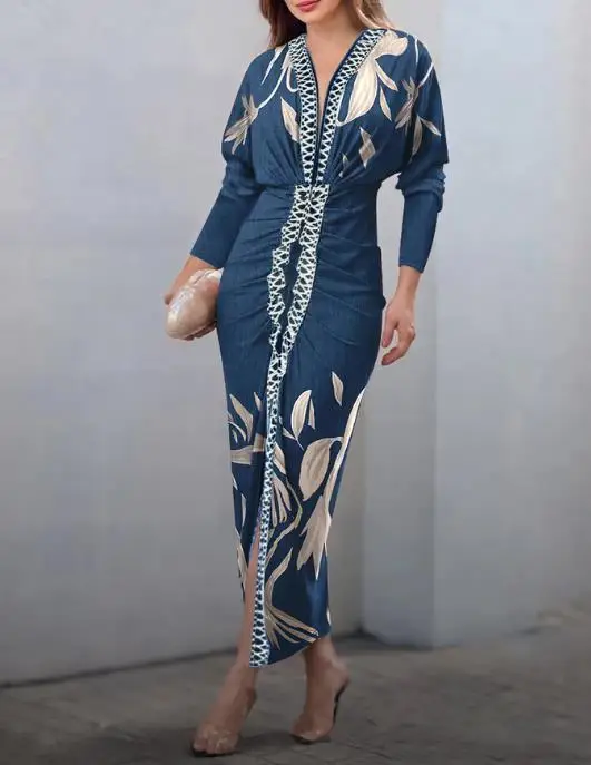 

Womens Dresses 2026 New Plants Placement Print Deep V-Neck Batwing Sleeve Front Slit Dress Ruched Cinched Waist Vacation Dress