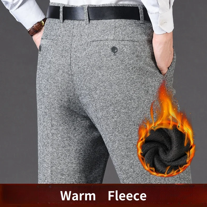 

High Waist Fleece Winter Suit Pants For Men Wool Thickened Flat Black Business Formal Dress Trousers For Male No Ironing 42 44