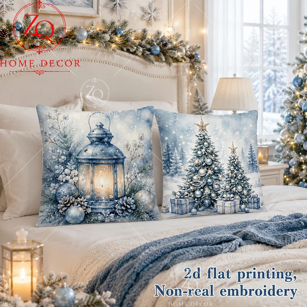 Winter Christmas Throw Pillow Covers Blue Watercolor Xmas Tree Lantern Pillowcases Soft   Cushion Cases For Sofa Bedroom