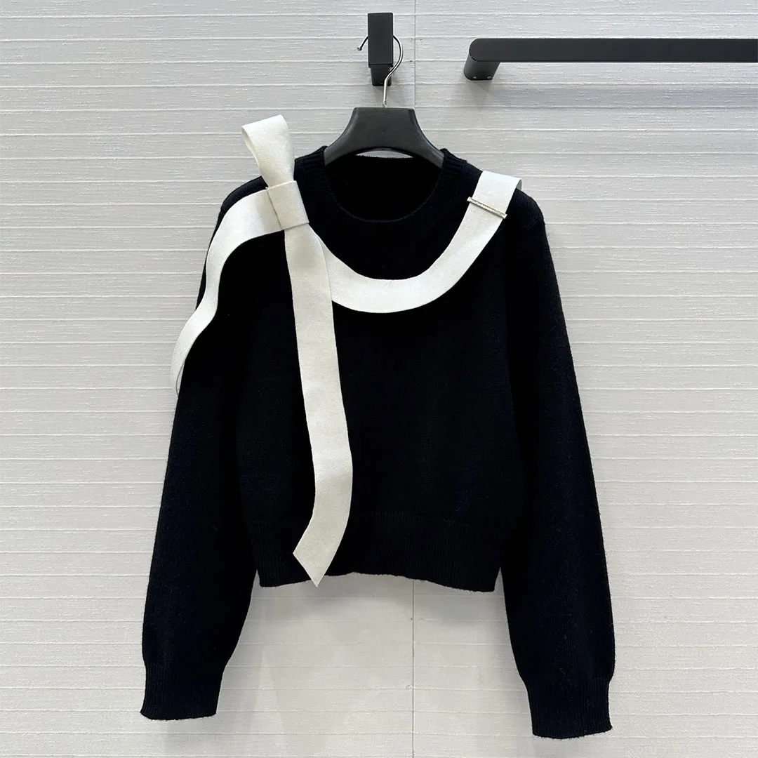 

New Autumn Casual 100% Cashmere Black Pullover With Big White Bow Decoration Sweet Sweater For Women Long Sleeve Soft Knitwear