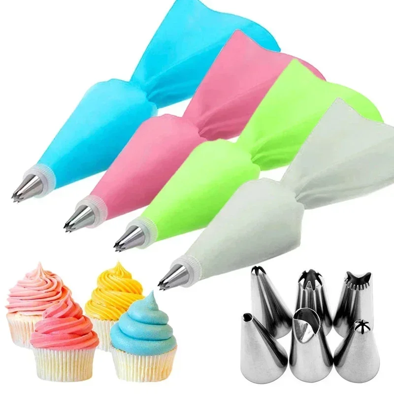 8/10/16Pcs/Set Silicone Pastry Bag Tips Kitchen Cake Icing Piping Cream Cake Decorating Tools Reusable Nozzle Set +1 Pastry Bags