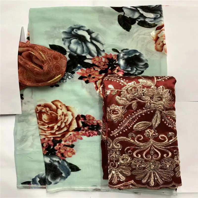 3 Piece Suit Silk Fabric 2022 Latest High Quality Embroidery Printing Silk Fabric For Sewing Textile Material 2+3.6+2 Yards.519