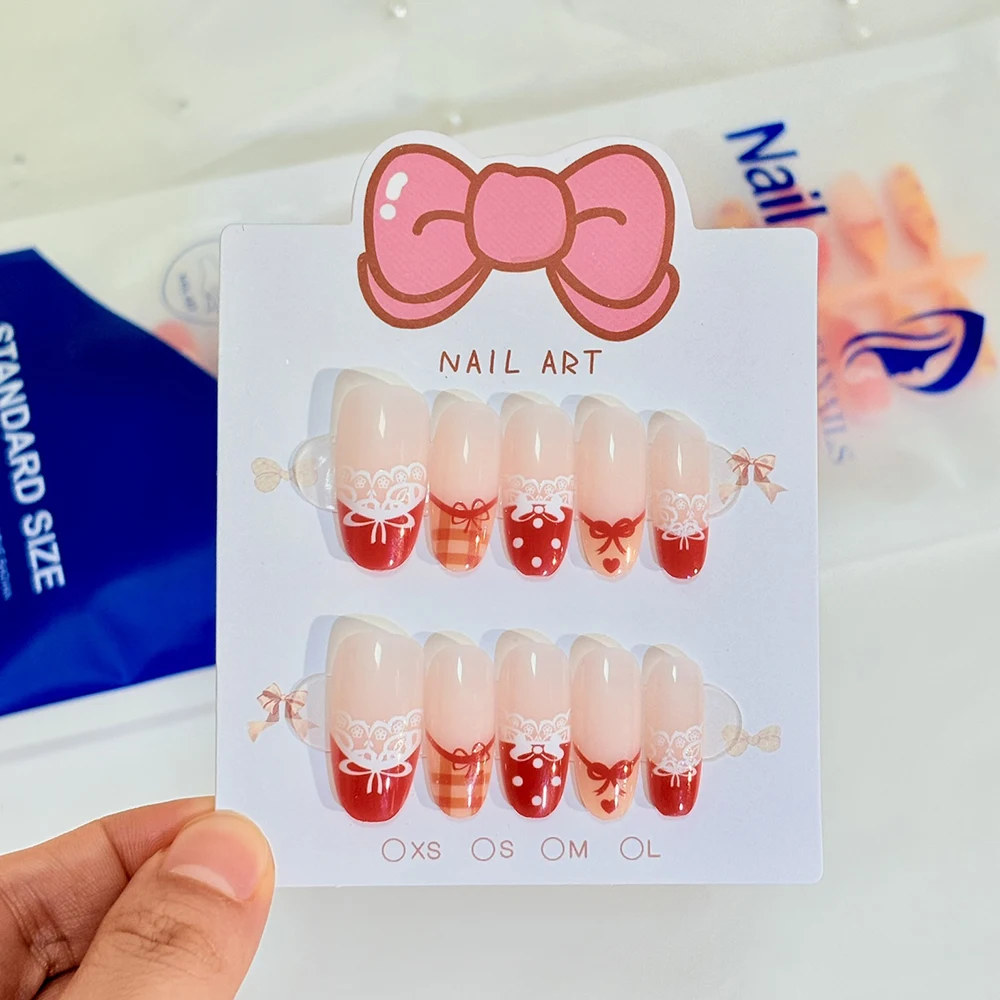 150Pcs/Bag Valentine's Day French Almond Fake Nails Sweet Heart Bowknot Flower Press On Nail Y2K False Fingernails Extension Tip view 5