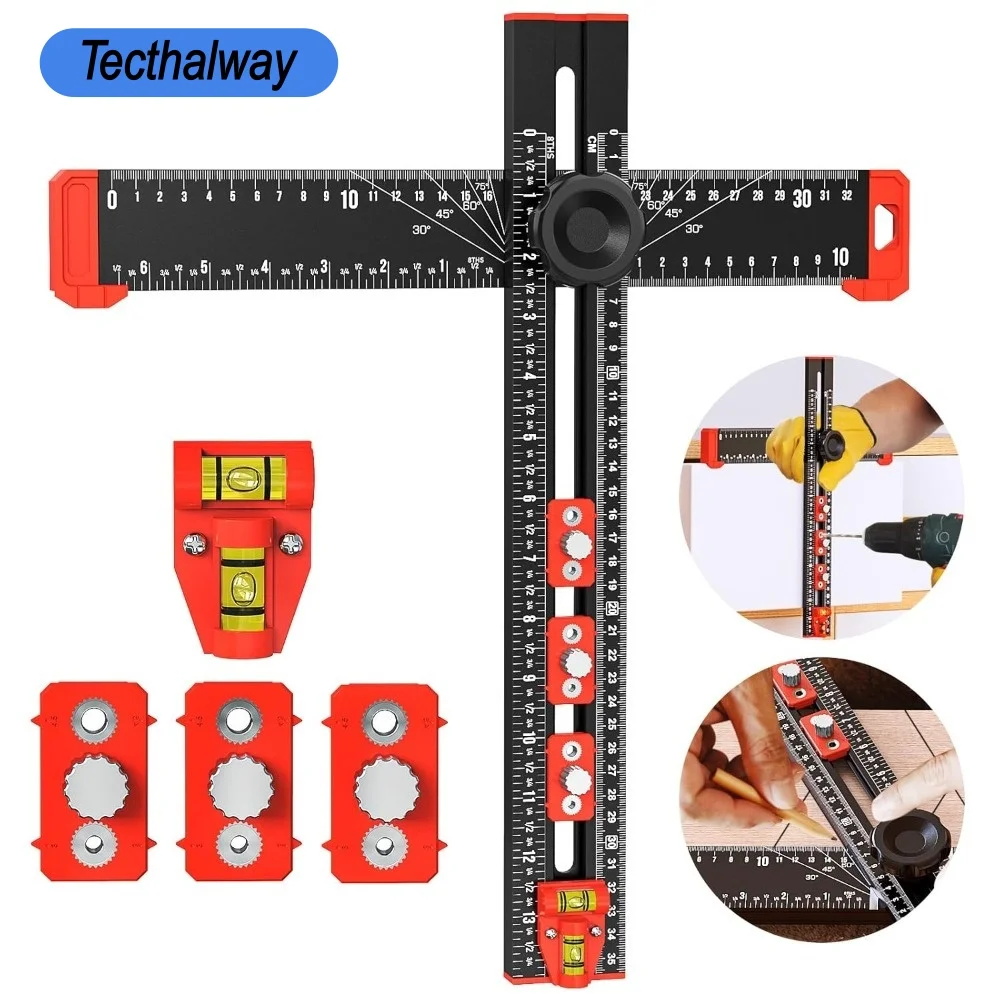 

Квадратная линейка 5-в-1 T — многофункциональная линейка для позиционирования сверления, регулируемая угловая линейка 35 см/14 дюймов, приспособление для фурнитуры шкафа, для предварительной обработки