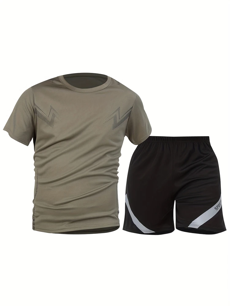Plus Size Men's Quick-Dry Short-Sleeve T-Shirt and Shorts Set Mens Athletic Running T-Shirt with Drawstring Shorts Two-Piece Set