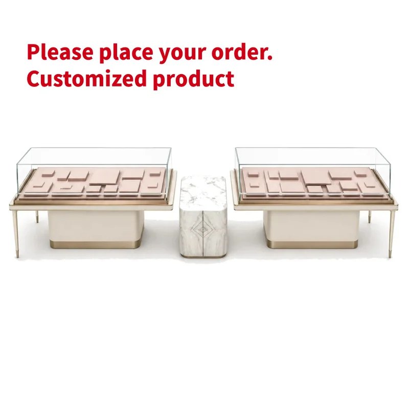 custom.Custom Luxury Ivory White and Rose Gold Jewelry Display Cabinet with LED Light Storage Showcase Jewelry Store