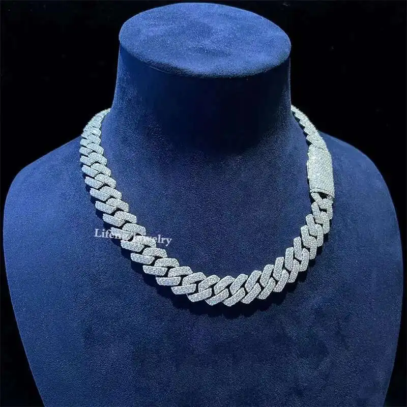 

Hip Hop Jewelry 14mm 2rows VVS Moissanite Chain Diamond Cuban Link Chain 925 Silver Moissanite Necklace