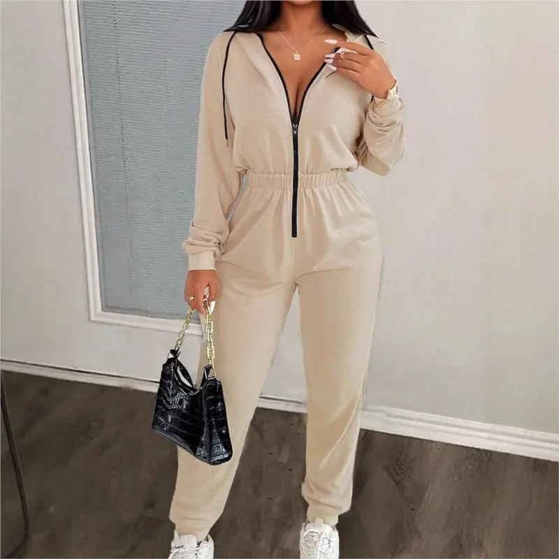 

2026 Spring And Summer New Half-zip Solid Color Long-sleeved Hooded Jumpsuit Women's Office Commuting All-match Sports Jumpsuit