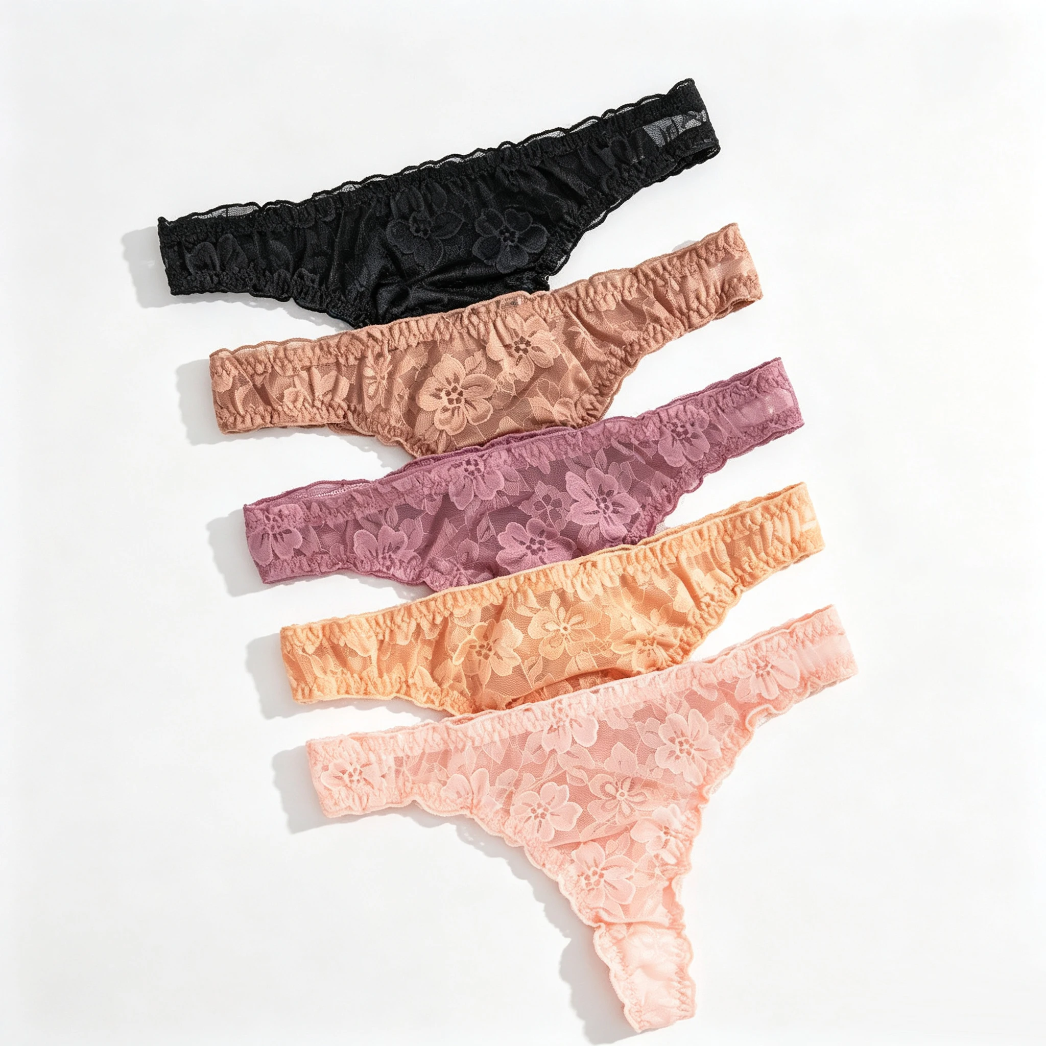 5-Pack of Women's Underwear with Sexy Lace and Ruffled Edges, Multi-Color Thong Design