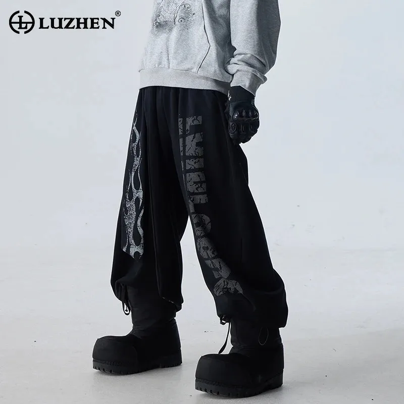 

LUZHEN Streetwear Men's Elastic Waist Loose Wide Leg Fashion Casual Jeans 2025 New Printed Bending Knife Legs Denim Pants JY4004