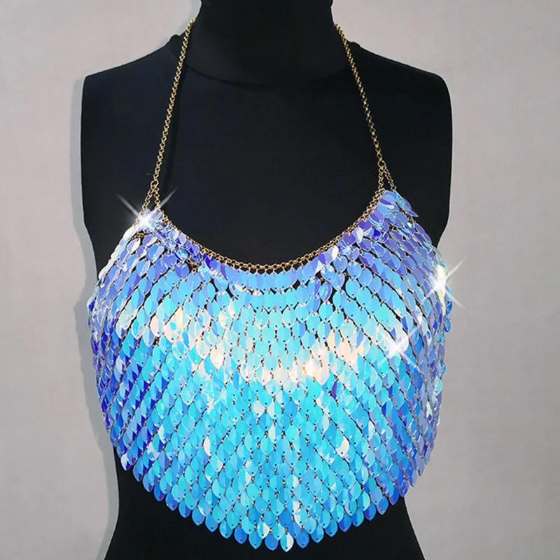 Sexy Mode Zeegezicht Camis Bling Lovertjes Vrouwen Tank Top Halter Backless Mouwloze Crop Tops Sexy Dames Rave Festival Party