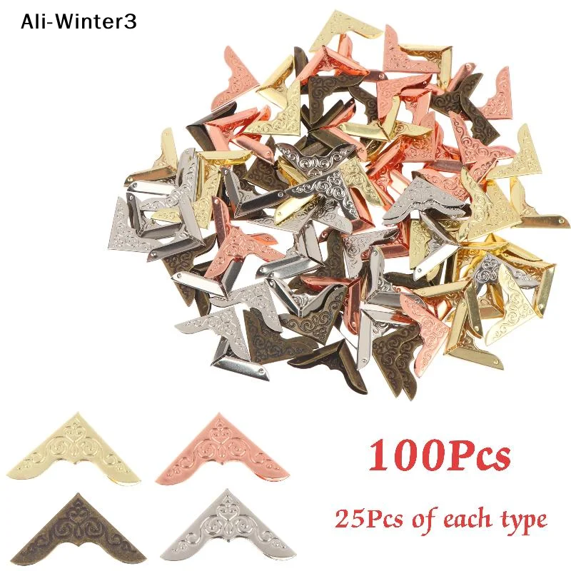 【Y】100Pcs Vintage Metal Corner Protector Retro Carved Pattern Book Case Corner Guard Anti Collision Decorative Angle Bracket