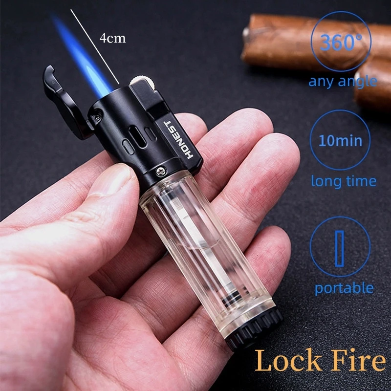 Honest Mini Spray Gun Fire Lock Gas Jet Torch Cigar Lighter Grinding Wheel Visible Fuel Tank Windproof Outdoor Portable Igniter