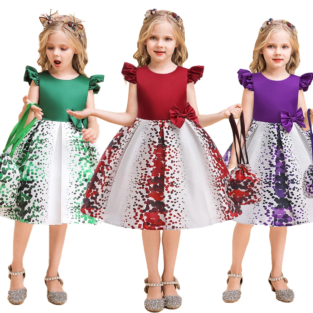 

Elegant Polka Dot Green Christmas Party Girl Dresses with Bag Carnival Costume Birthday Princess Dress for Kids Bow Wedding Gown