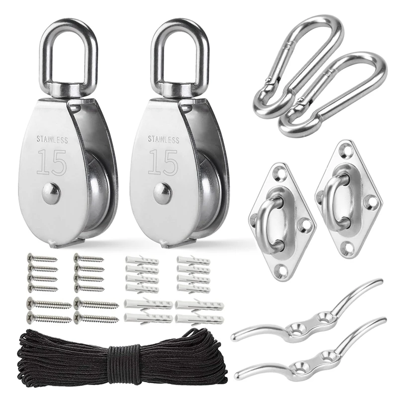 

M15 Stainless Steel Pulley System Kit-Heavy-Duty Pulley Wheel, Pulley Block With Nylon Rope 4MM, Hooks, Plate Durable (2 Pack)