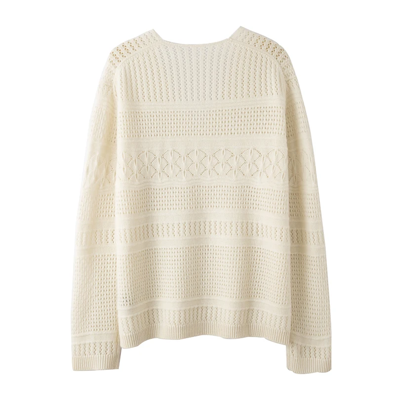 100% Merino Wool V Neck Hollow Cable Knit Sweater Women Loose Fit Soft Knit Pullover Elegant Casual All Match Knitwear