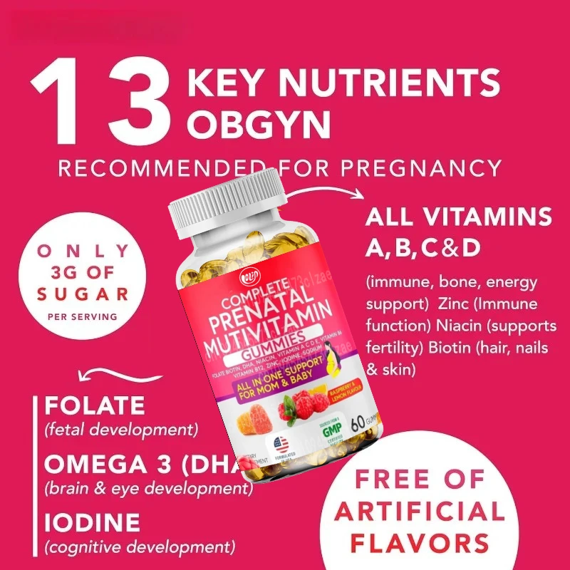 يحتوي علكة ما قبل الولادة على DHA وحمض الفوليك وفيتامين ب وC وD، والتي تستخدم في العظام والطاقة والمناعة