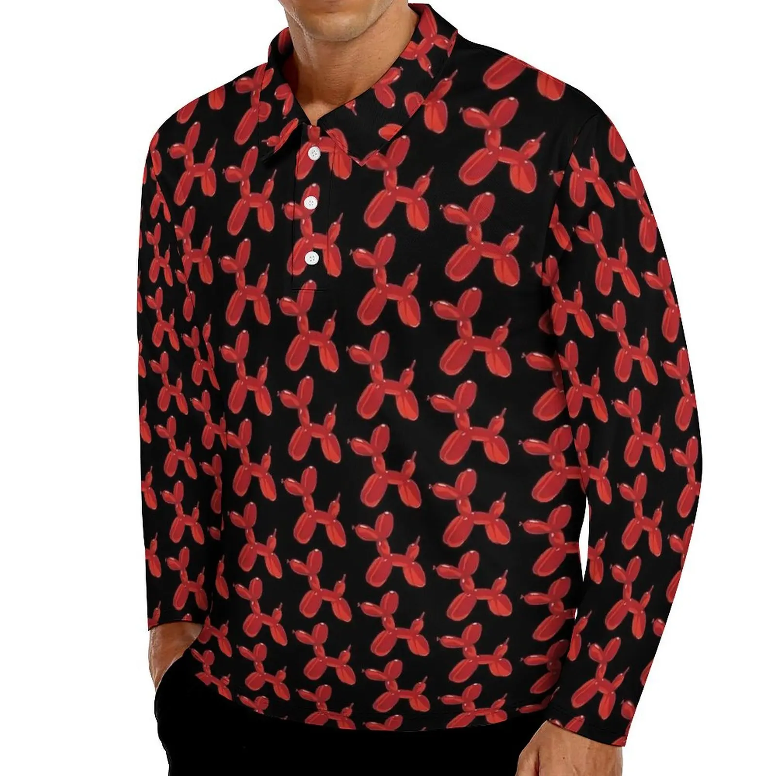 Red Balloon Dogs Polo Shirts Autumn Animals Print Casual Shirt Long Sleeve Collar Cool Pattern Oversized T-Shirts