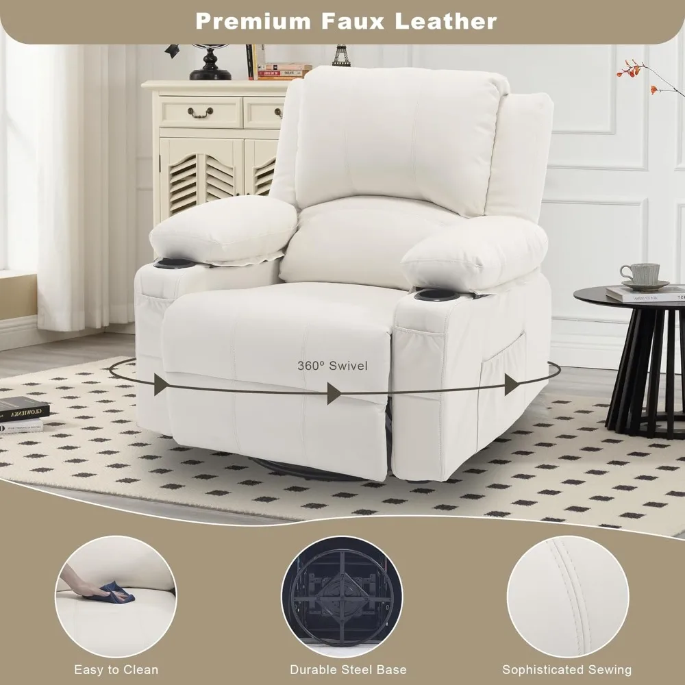Kursi Pijat Putar Recliner dengan Pemanas Lumbar, Kursi Recliner Kulit PU Tebal untuk Ruang Tamu, Kursi Goyang Tunggal Modern