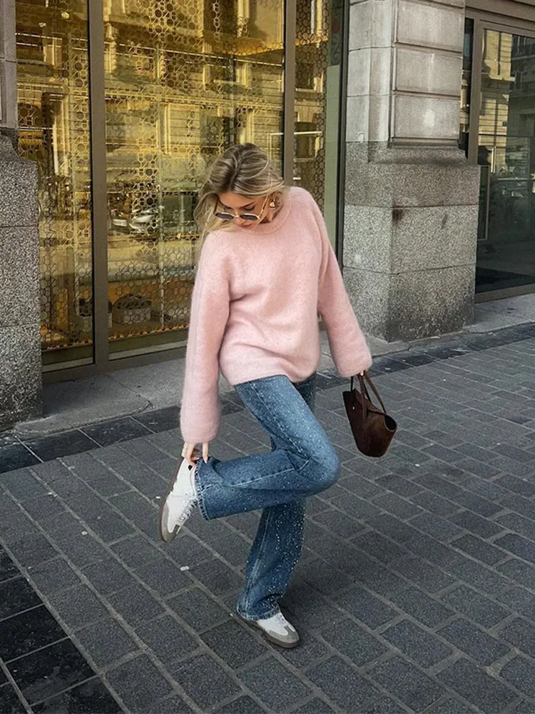 Fashion Pink O Neck Basic Knitted Pullover Women Chic Long Sleeve Loose Mohair Warm Sweater Autumn New Lady Casual Knitwear Top