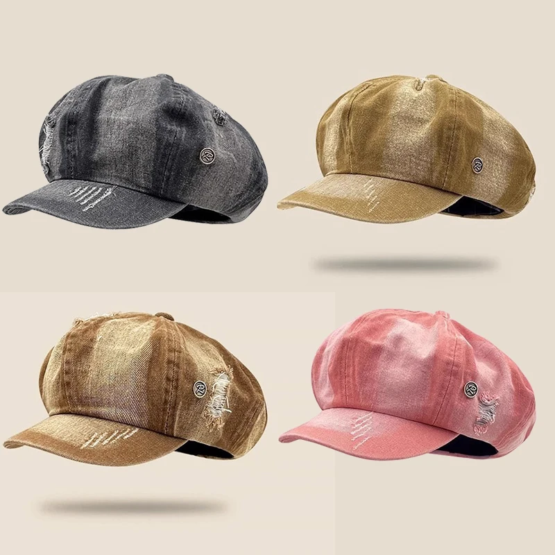 

2025 New Washed Beret Cloud Denim Octagonal Hat Women's Y2K Ripped Painter Hat