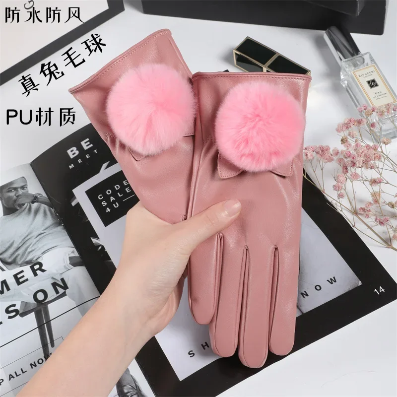 PU Leather Glove Women Warm Fashion Winter Ladies Hand Warmer Gloves With Natural Rabbit Fur Ball Glove With Finger