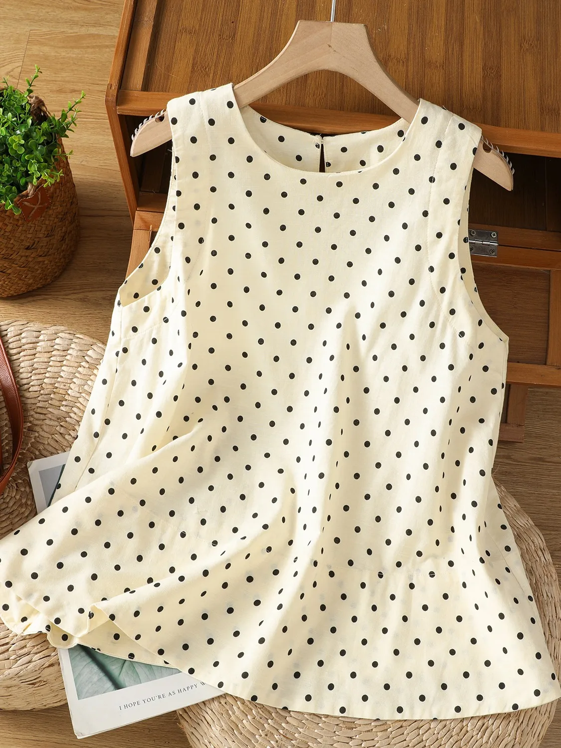 

Летний женский топ Laid-ba Chic из хлопка и льна в горошек, больших размеров, А-силуэт, тонкий, повседневный, с круглым вырезом, маленький размер