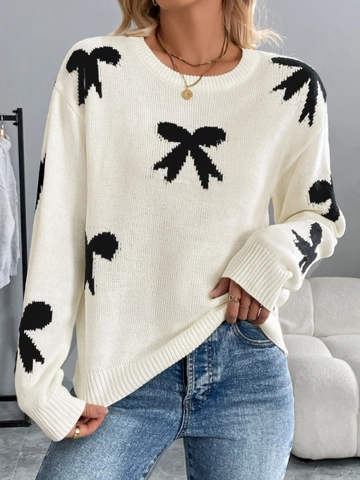 

Women's Sweater 2024 Winter New Round Neck Bow Jacquard Sweater Temperament Commuting Leisure Retro Sweater