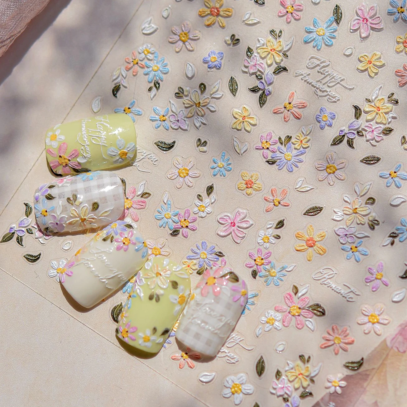 

Romantic Wild Flower Colourful Petal Leaf Daisy Leaves Soft Embossed Self Adhesive Nail Art Decorations Stickers Manicure Decals