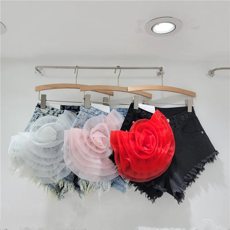 

Chic Spliced Mesh 3D Big Flower Deco Frayed Cut-off Denim Shorts Sexy Woman Low-rise Solid Vintage Hot Pants Y2K Style