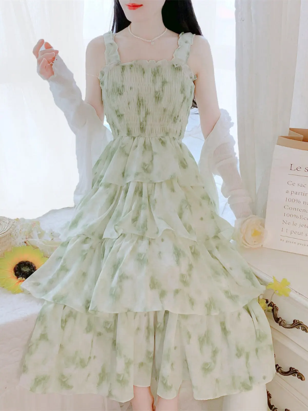 Spring and Summer Fashion New Women's Dress Print Splicing Casual Suspender A-line Skirt