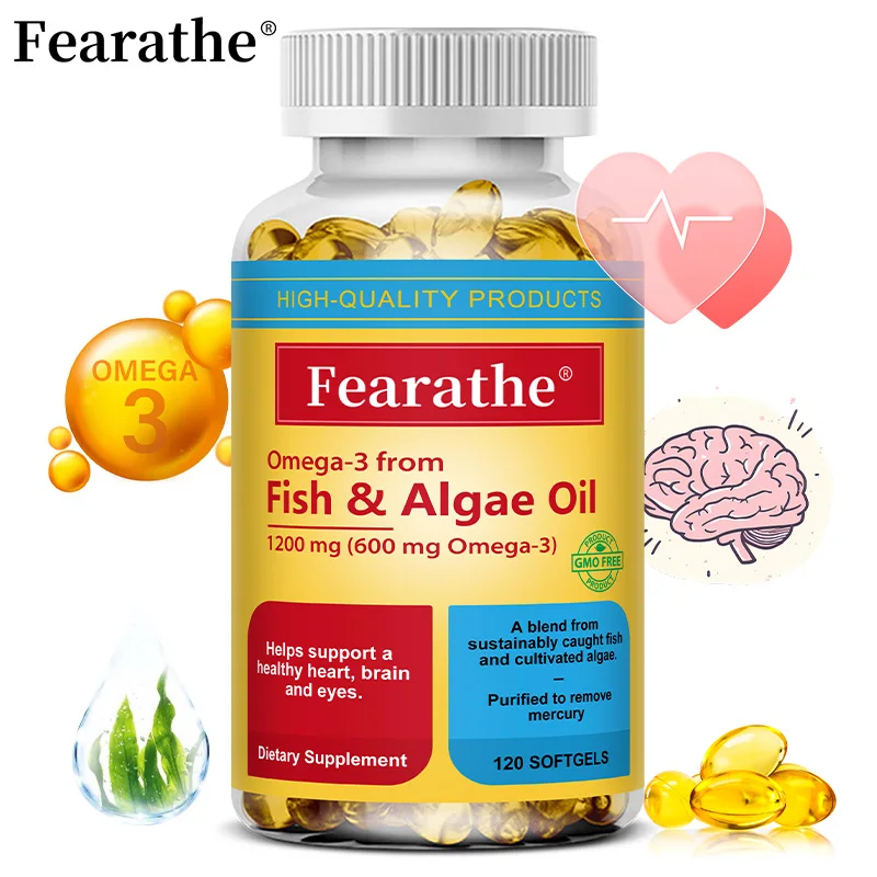 Omega 3 Fish Oil and Algae Oil Supplements, 1200mg, Omega 3 Supplement for Heart, Brain and Eyes Support