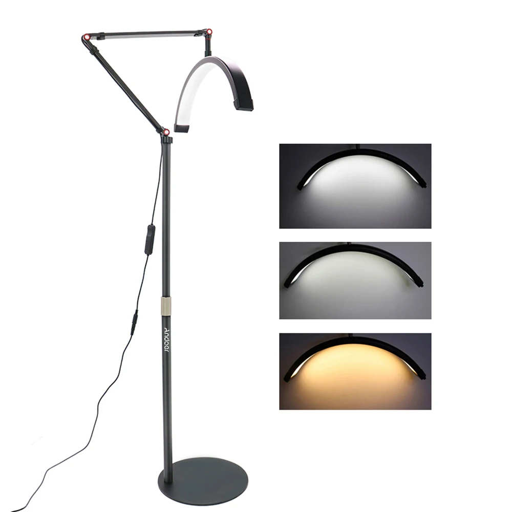 Andoer HD-M2X 20W LED-videolamp voor op de vloer Halvemaanvormig invullicht 3000K-6000K dimbaar met metalen lichtstatief