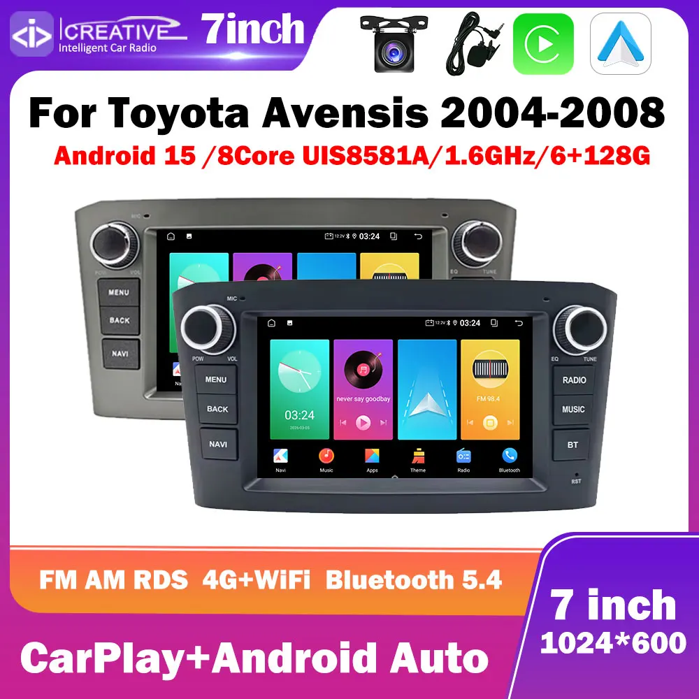 Autoradio Android 15 pour Toyota Avensis T25 2004-2008 7 pouces 1024*600 Carplay Auto Multimédia Stéréo GPS Navi Intelligent 8 cœurs IPS