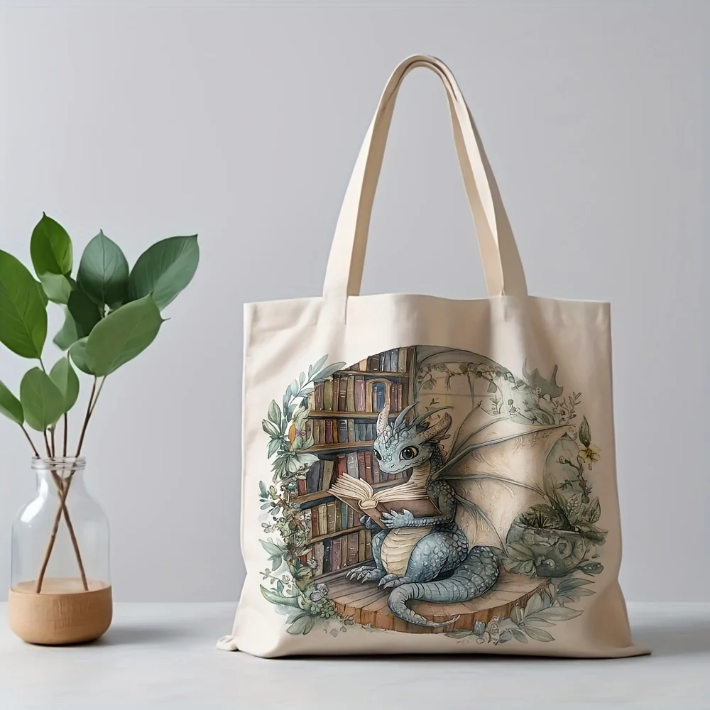 1pc, Fantasy Dragon Reading Canvas Tote Bag Reusable Grocery Bags (35.05cm x 40.13cm), Stylish Shoulder Bag for Commuting, Daily