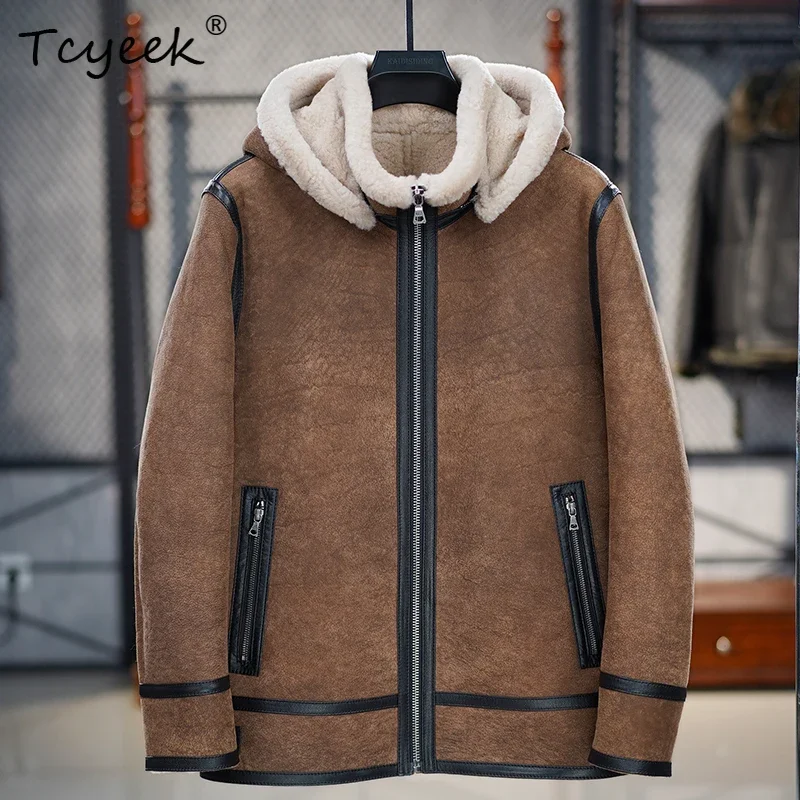 Tcyeek Natural Sheepskin Fur Coats Real Genuine Leather Jacket Men 2025 Winter Clothes Warm Mens Fur Jacket Coat Hooded Abrigos