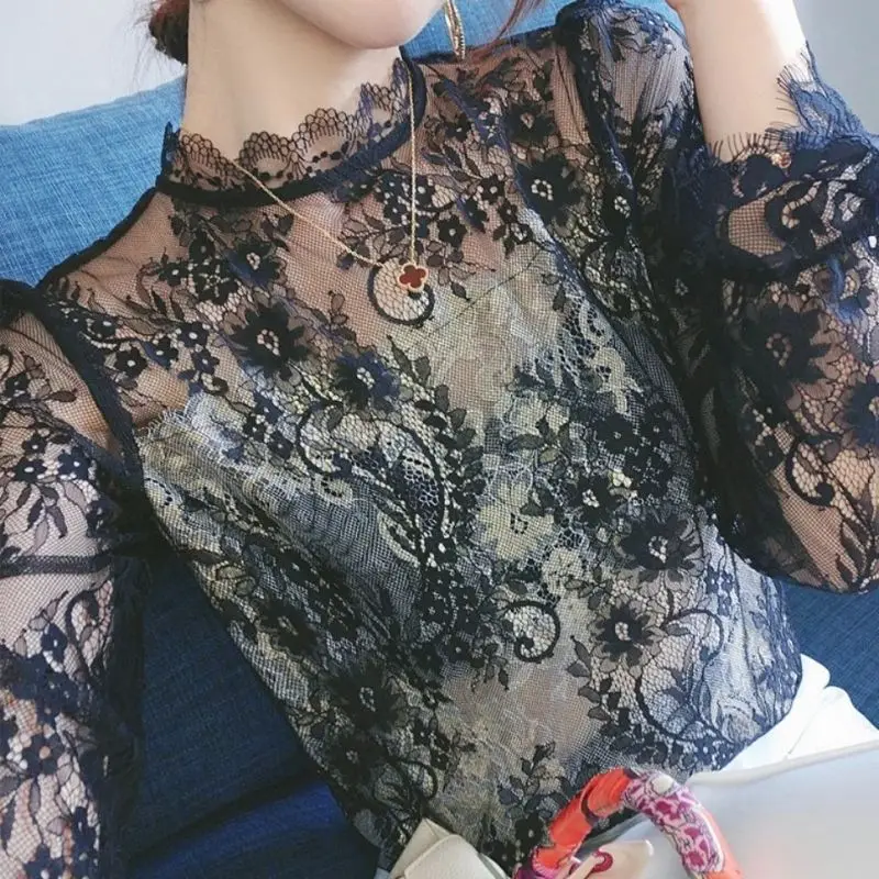 

Новые весенние повседневные пуловеры, свободная офисная женская рубашка, элегантный воротник-стойка, марлевая кружевная блузка с оборками, женская одежда 2025