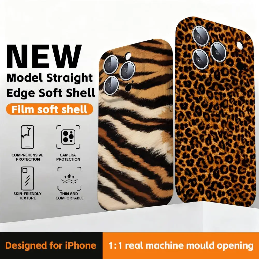 Coque de téléphone à motif fourrure animale, film à bords droits, coque souple brillante pour iPhone 17 16e 16 15 14 13 12 Pro Max Plus