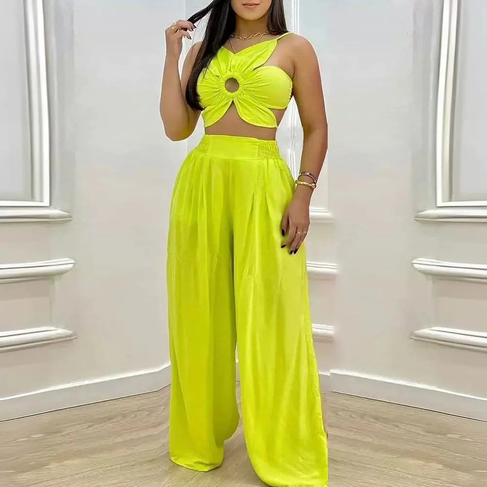 Pants Set Women Two Piece Sets Yellow Floral Sling Sleeveless Sling Short Tops Sexy Slim Fit Wide Leg Long Pants Elastic Waist