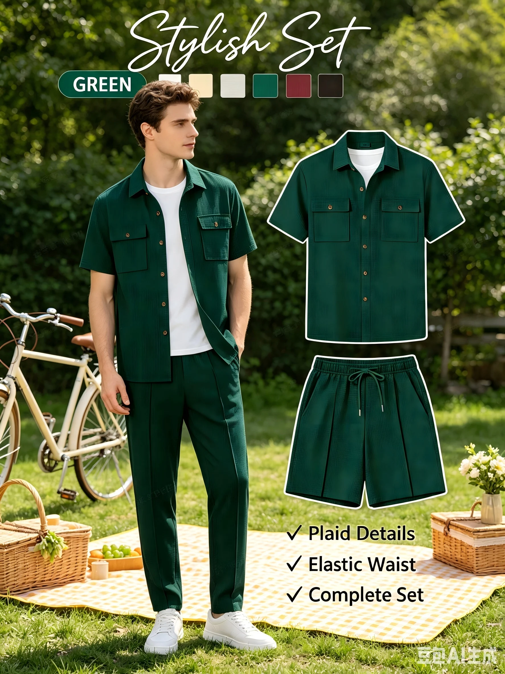 Men'sSummer Waffle Textured 3-in-1 Outfit Set Lapel Short Sleeve Shirt with Long Pants and Shorts Daily Casual Two-Way Wear Suit - view 3