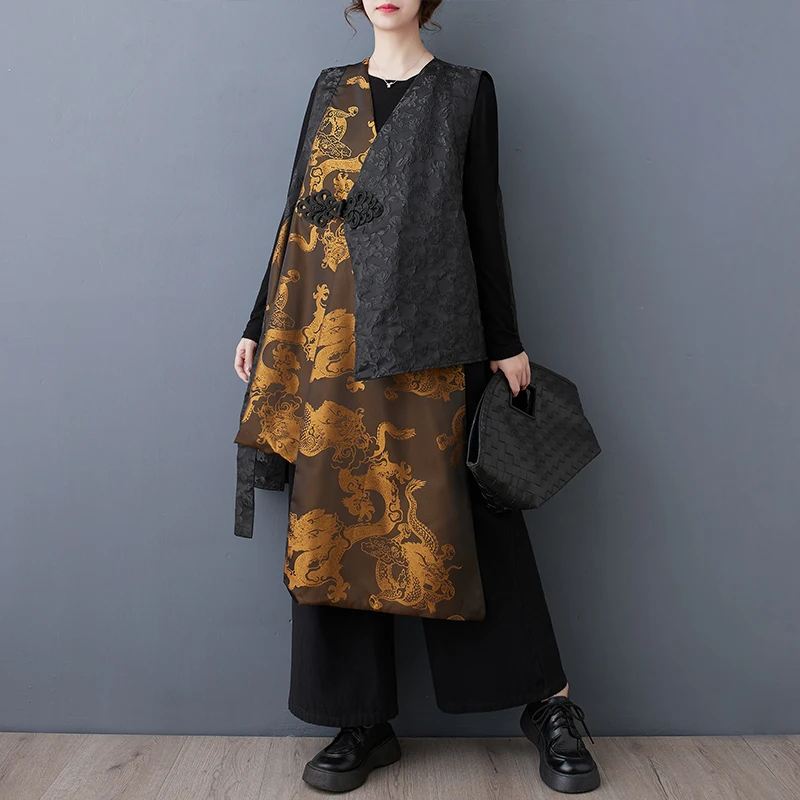 

Жилет с цветовым принтом в стиле ретро, Jaet Midi V-Ne, асимметричный топ на пуговицах для женщин больших размеров, модная повседневная верхняя одежда