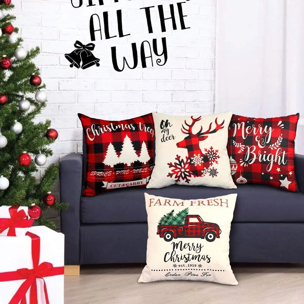 Ourwarm Christmas Decoration Set of 4 Pillow Cover 18x18 Inch Black & Red Double-Side Buffalo Plaid Pillow Cover For Xmas Winter